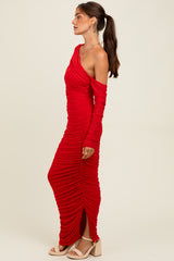 Red Ruched Mesh One Shoulder Long Sleeve Maxi Dress