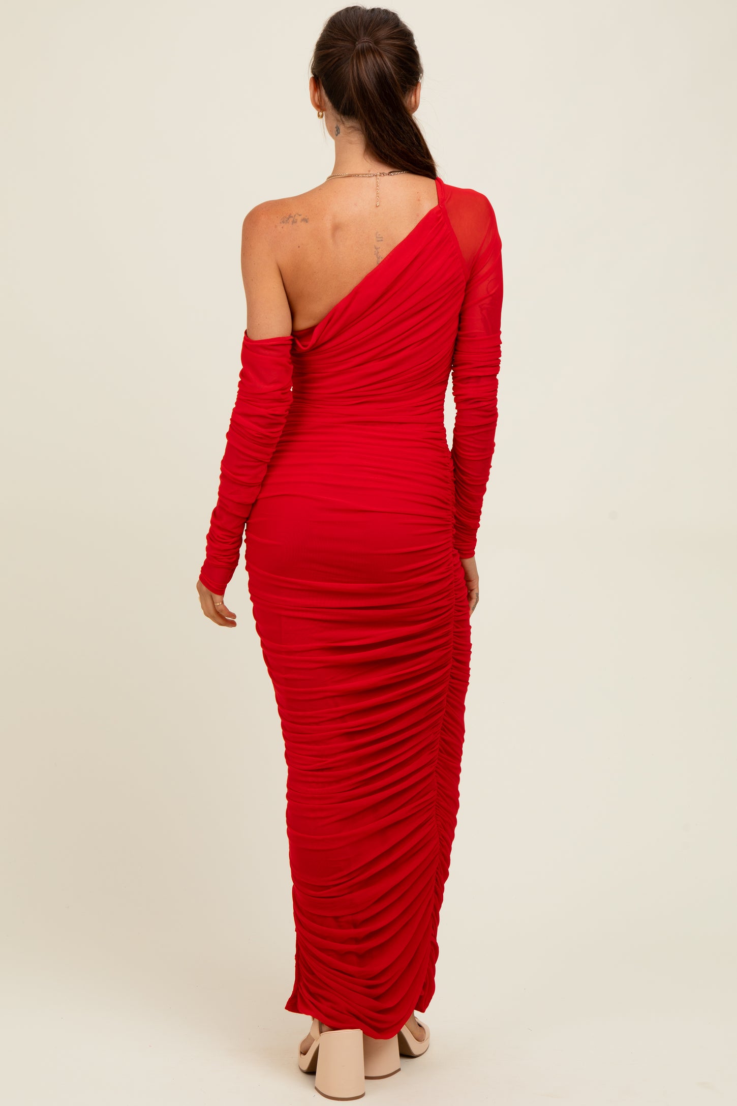 Red Ruched Mesh One Shoulder Long Sleeve Maxi Dress