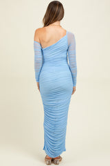 Light Blue Ruched Mesh One Shoulder Long Sleeve Maternity Maxi Dress