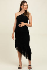 Black Ruched Mesh One Shoulder Asymmetric Maternity Dress
