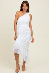 White Ruched Mesh One Shoulder Asymmetric Dress