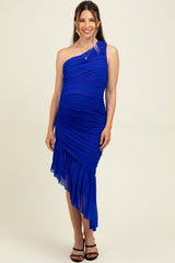 Royal Ruched Mesh One Shoulder Asymmetric Maternity Dress