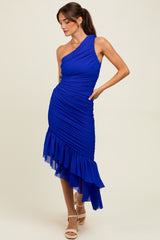 Royal Ruched Mesh One Shoulder Asymmetric Maternity Dress