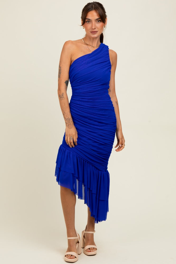 Royal Ruched Mesh One Shoulder Asymmetric Dress