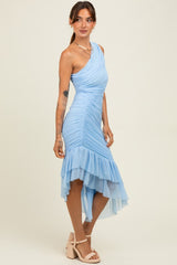 Light Blue Ruched Mesh One Shoulder Asymmetric Dress