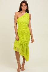 Lime Ruched Mesh One Shoulder Asymmetric Dress