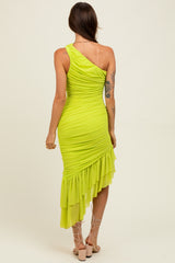 Lime Ruched Mesh One Shoulder Asymmetric Dress