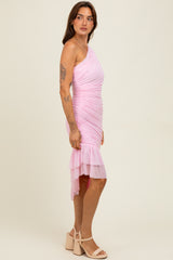 Light Pink Ruched Mesh One Shoulder Asymmetric Dress