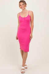 Fuchsia Ribbed Button Midi Dress