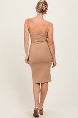Camel Ribbed Button Midi Dress
