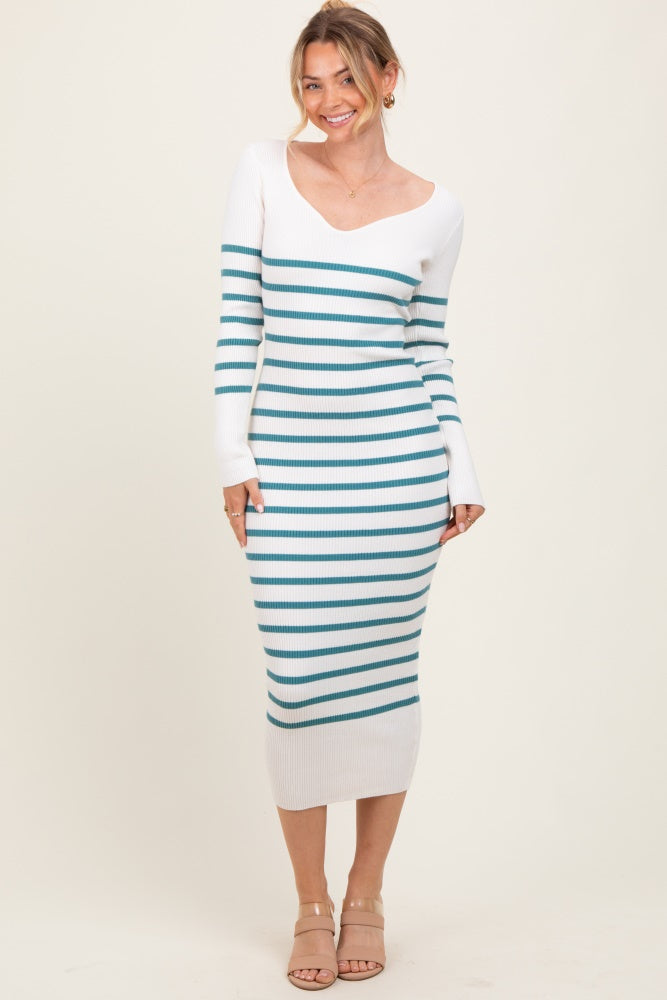 Teal Ribbed Knit Striped Long Sleeve Maternity Sweater Dress