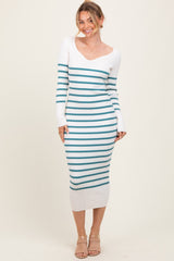 Teal Ribbed Knit Striped Long Sleeve Maternity Sweater Dress
