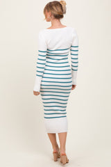 Teal Ribbed Knit Striped Long Sleeve Sweater Dress