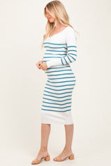 Teal Ribbed Knit Striped Long Sleeve Maternity Sweater Dress