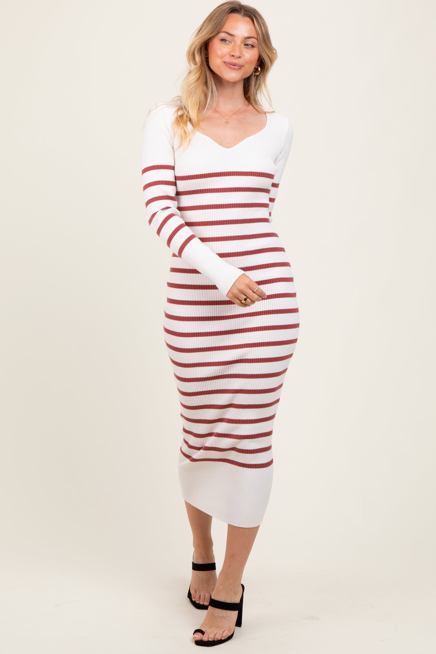 Mauve Ribbed Knit Striped Long Sleeve Sweater Dress