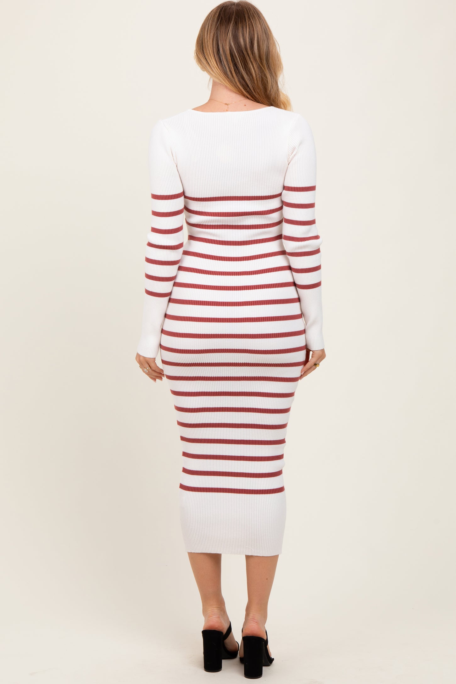 Mauve Ribbed Knit Striped Long Sleeve Sweater Dress