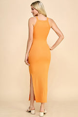 Orange Ribbed Fitted Side Slit Midi Dress