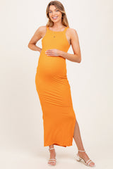 Orange Ribbed Fitted Side Slit Maternity Midi Dress