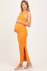 Orange Ribbed Fitted Side Slit Maternity Midi Dress