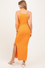 Orange Ribbed Fitted Side Slit Maternity Midi Dress