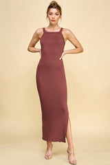 Rust Ribbed Fitted Side Slit Maternity Midi Dress