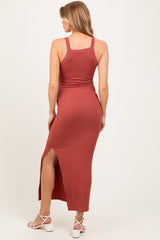 Rust Ribbed Fitted Side Slit Maternity Midi Dress