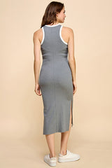 Charcoal/Soft White High Neck Ribbed Sleeveless Midi Dress