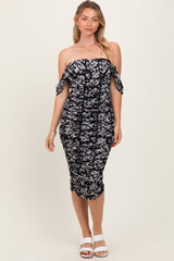 Black Floral Mesh Ruched Off Shoulder Maternity Dress