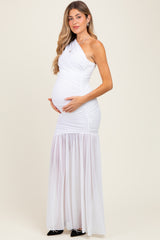 White Ruched Mesh One Shoulder Maternity Maxi Dress