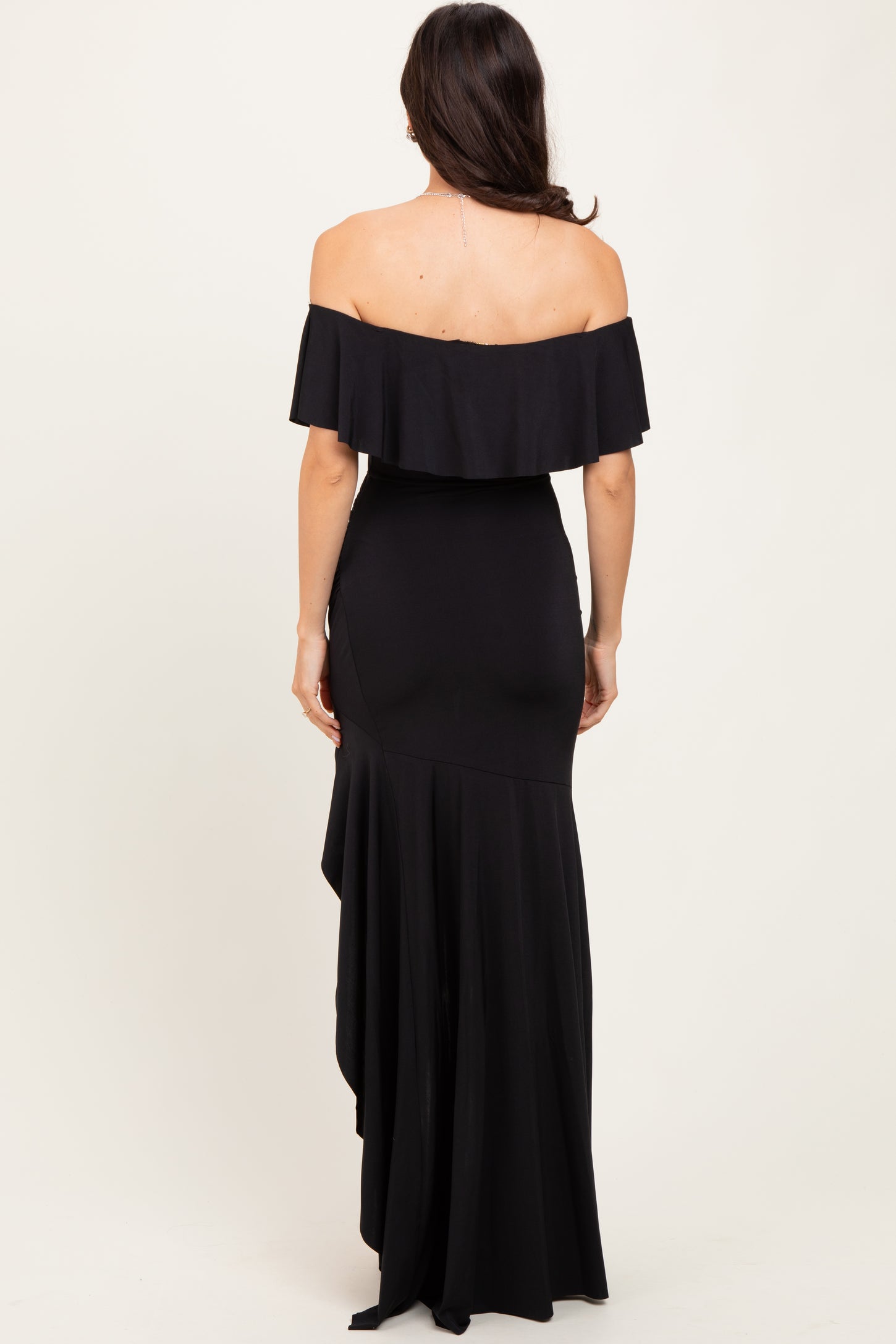 Black Off Shoulder Ruffle Hi-Low Maxi Dress