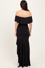 Black Off Shoulder Ruffle Hi-Low Maxi Dress