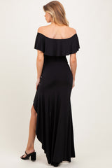 Black Off Shoulder Ruffle Hi-Low Maternity Maxi Dress