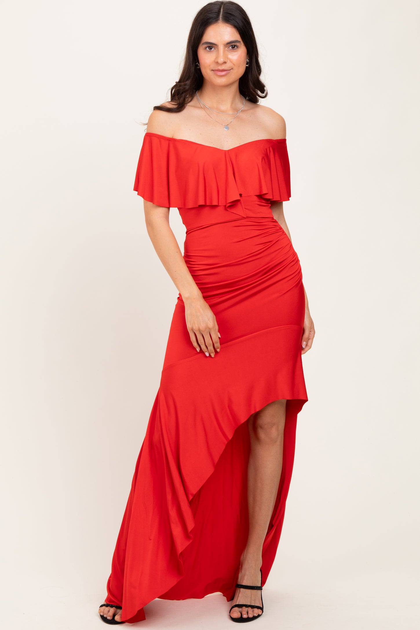 Red Off Shoulder Ruffle Hi-Low Maternity Maxi Dress