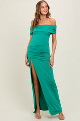 Green Foldover Off Shoulder Ruched High Slit Maternity Maxi Dress