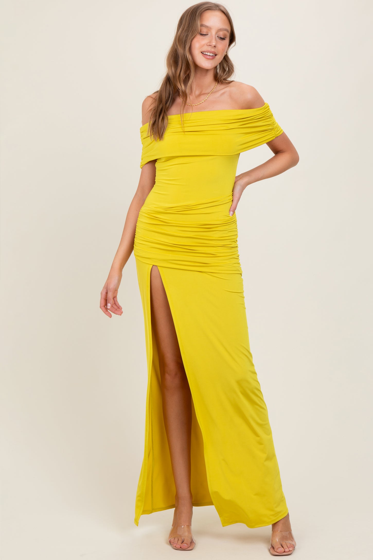 Lime Foldover Off Shoulder Ruched High Slit Maxi Dress