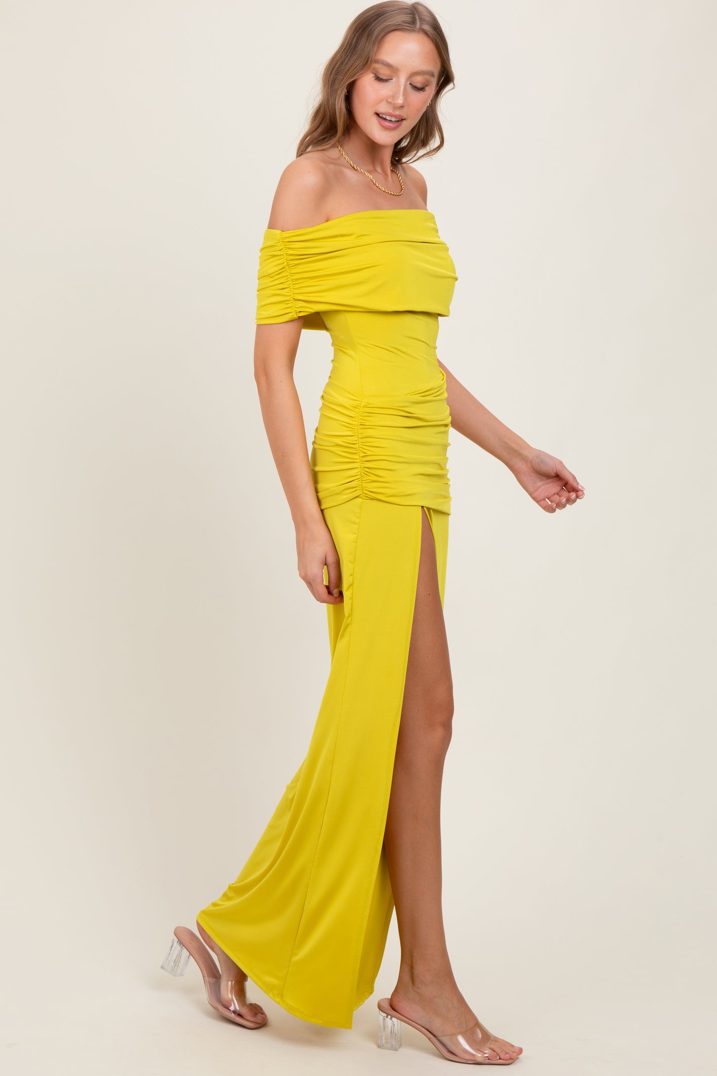Lime Foldover Off Shoulder Ruched High Slit Maxi Dress