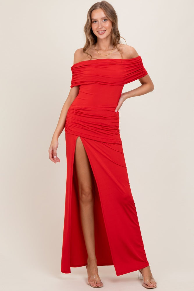 Red Foldover Off Shoulder Ruched High Slit Maternity Maxi Dress