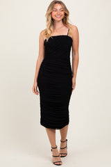 Black Ruched Mesh Sleeveless Midi Dress