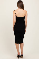 Black Ruched Mesh Sleeveless Maternity Midi Dress