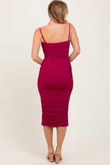 Magenta Ruched Mesh Sleeveless Midi Dress