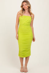 Lime Ruched Mesh Sleeveless Midi Dress