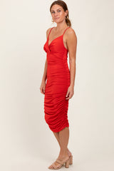 Red Ruched Sweetheart Neckline Midi Dress