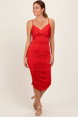 Red Ruched Sweetheart Neckline Maternity Midi Dress