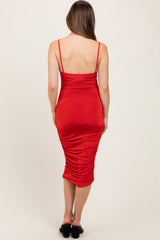 Red Ruched Sweetheart Neckline Maternity Midi Dress