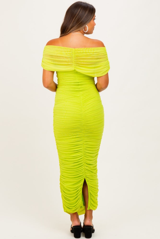 Lime Ruched Mesh Foldover Off Shoulder Maternity Maxi Dress