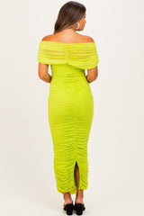 Lime Ruched Mesh Foldover Off Shoulder Maternity Maxi Dress