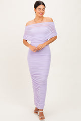 Lavender Ruched Mesh Foldover Off Shoulder Maxi Dress
