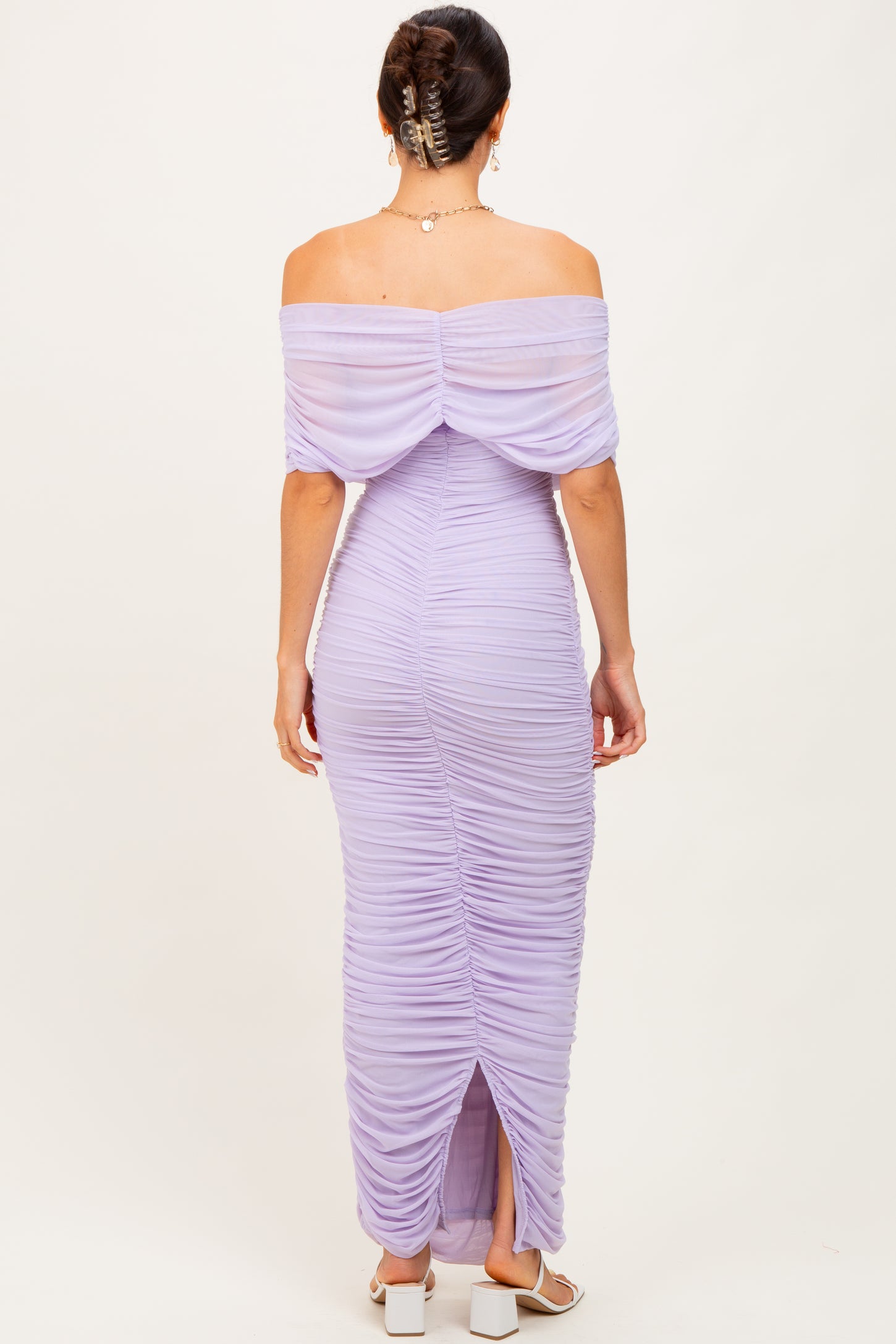 Lavender Ruched Mesh Foldover Off Shoulder Maxi Dress