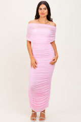 Light Pink Ruched Mesh Foldover Off Shoulder Maxi Dress