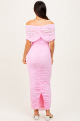 Light Pink Ruched Mesh Foldover Off Shoulder Maxi Dress